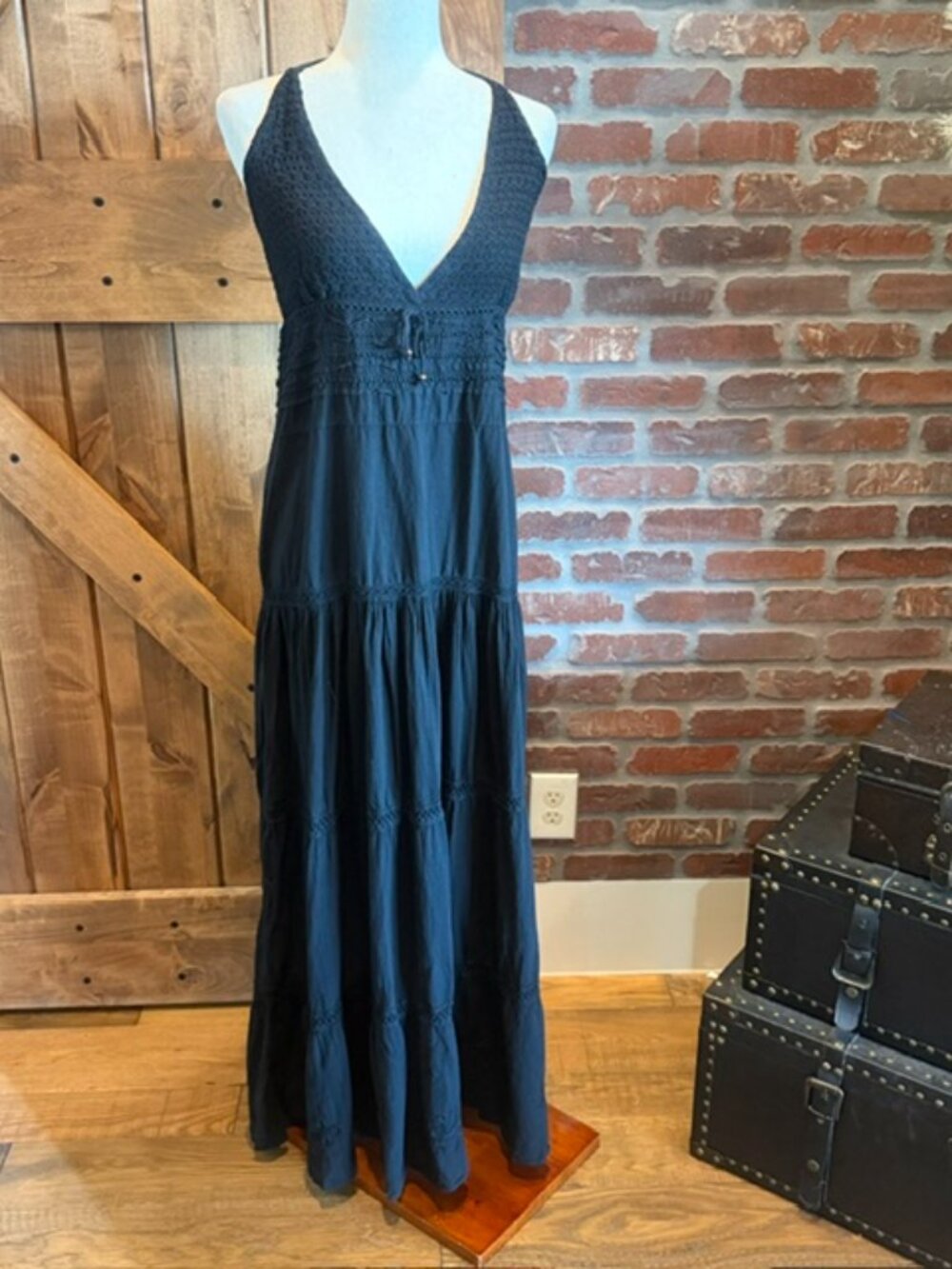 Black Cotton Crochet Halter Maxi Dress Size S NWT